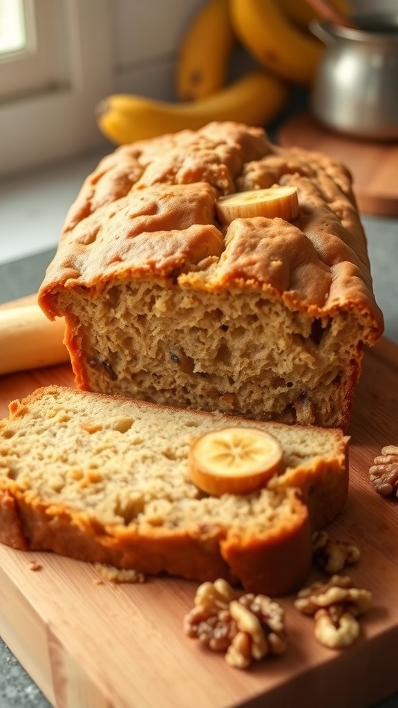 Gluten-Free Dairy-Free Banana Bread Recipe A loaf of gluten-free dairy-free banana bread sliced on a wooden board, with banana slices and walnuts.